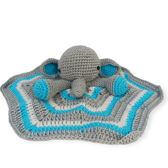Hand Crochet Elephant Lovey for Baby-Child Gray White Turquoise - Picture 6 of 6